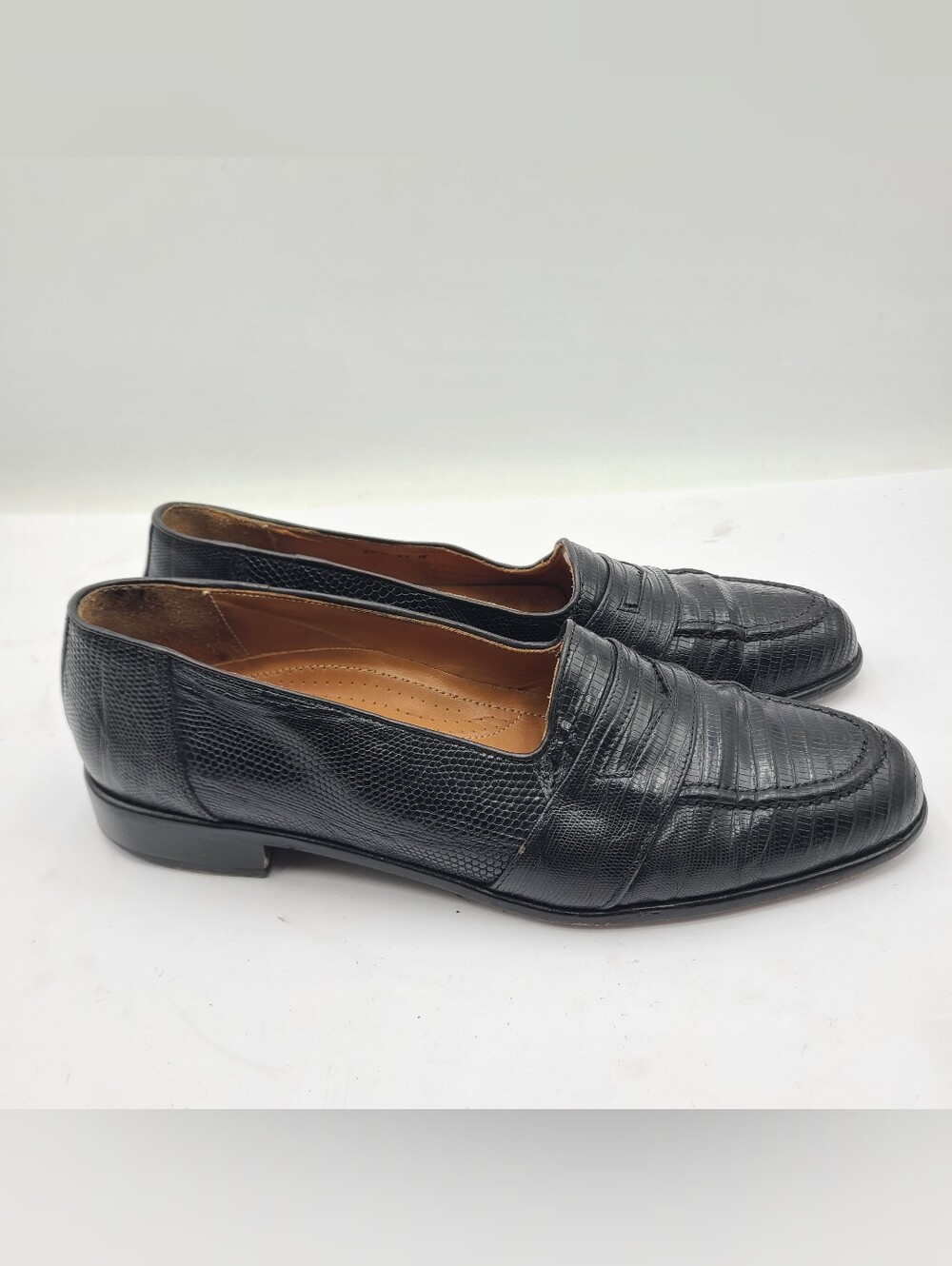 B44 Zelli Black Lizard-Pattern Leather Dress Loafers Handmade Italy 11 Narrow